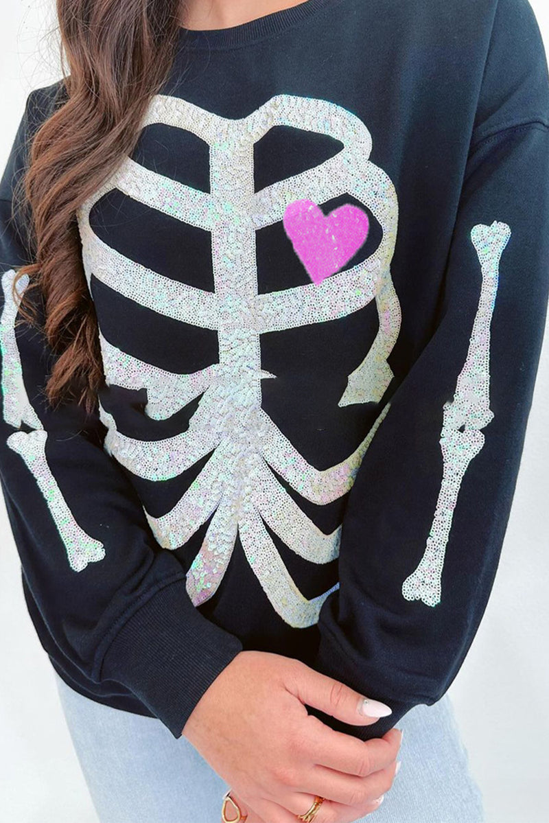 Halloween Heart Skeleton Sequin Embellished Sweatshirt