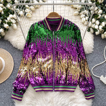 Load image into Gallery viewer, Mardi Gra Sequin Outfit Fat Tuesday Color Block Jacket
