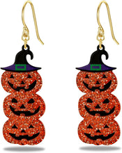 Load image into Gallery viewer, Halloween Witch Hat Pumpkin Dangle Earrings
