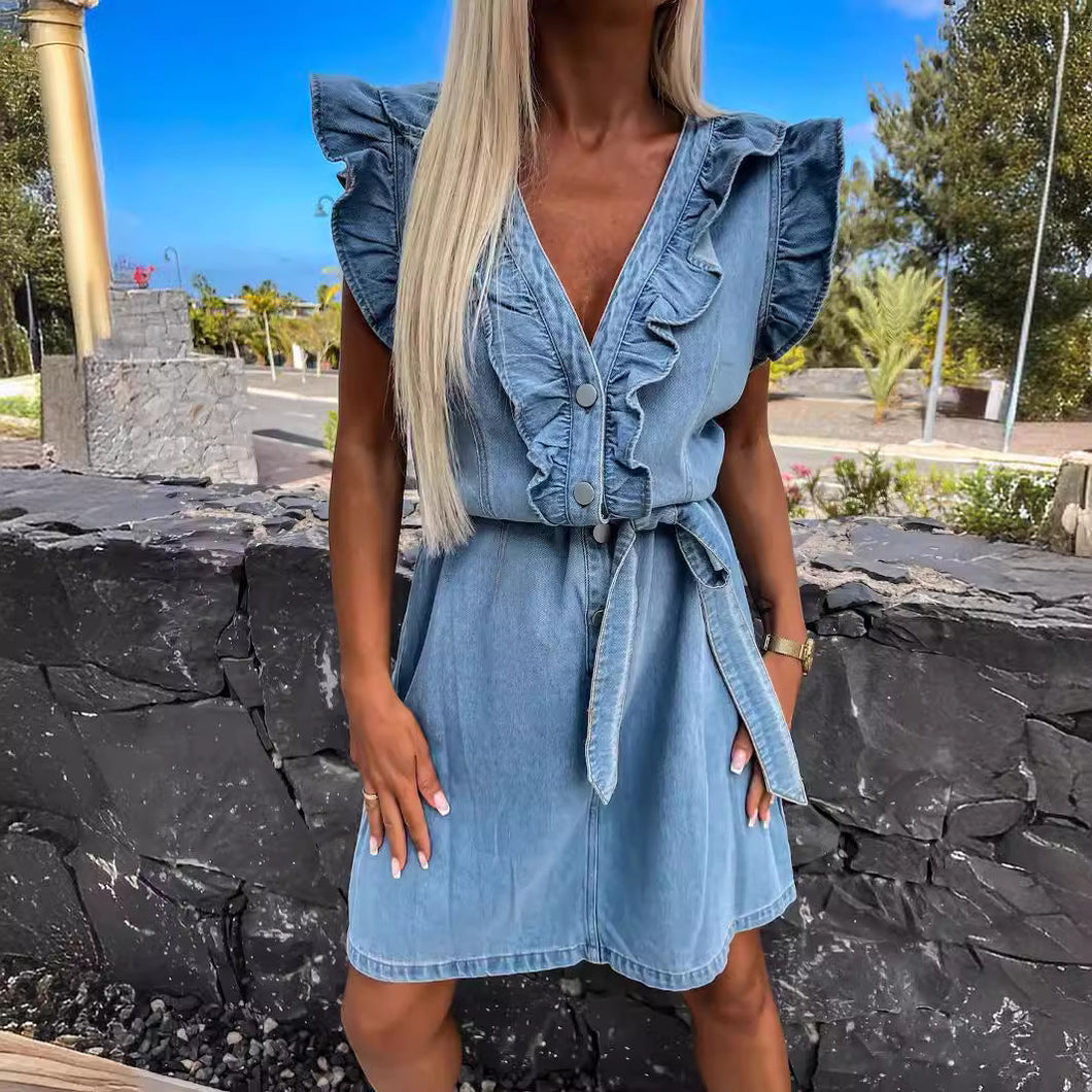 Ruffled V-neck Sleeveless Buttons Down Mini Denim Dress