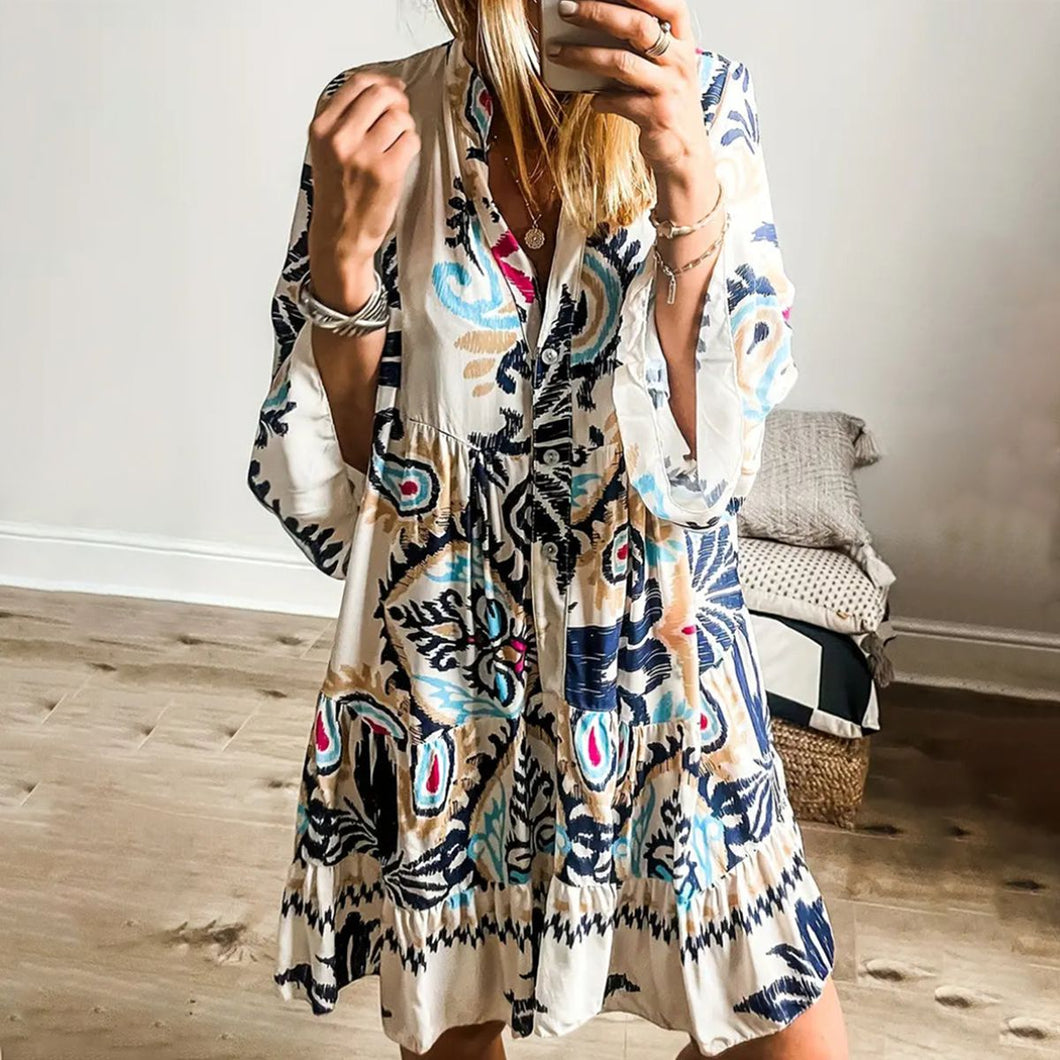 Printed Bell Sleeves Tunic Mini Dress