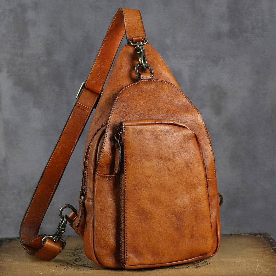 Zipper Leather Sling Bag Crossbody Chest Shoulder Backpack Purse