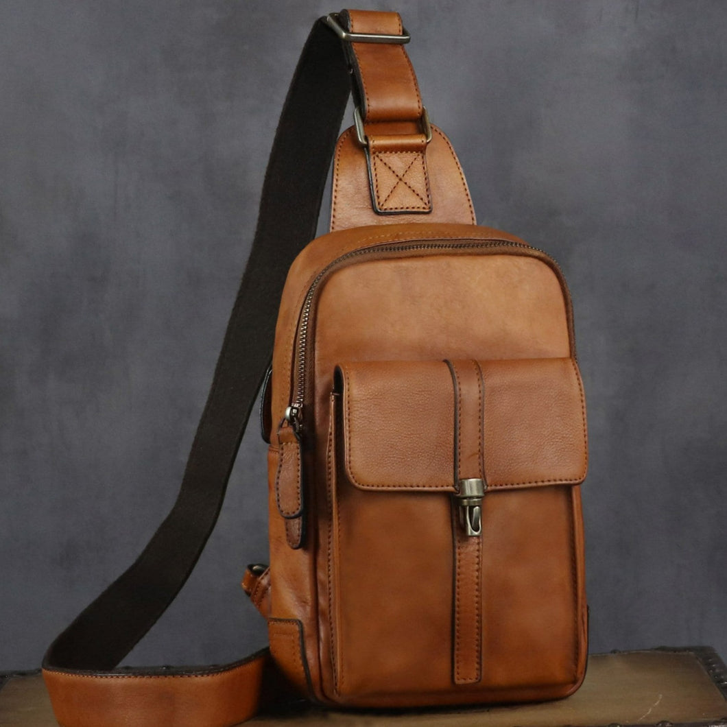 Brown Large Leather Sling Bag Casual Shoulder Backapck