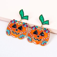 Load image into Gallery viewer, Halloween Creative Fashion New Alloy Inlaid Zircon Oil Drip Pumpkin Head Earrings
