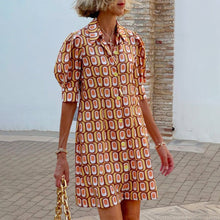 Load image into Gallery viewer, Geometric Print Retro Puffy Sleeve Mini Dress
