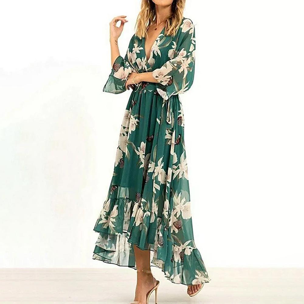 Floral Ruffled Chiffon High Low Midi Dress