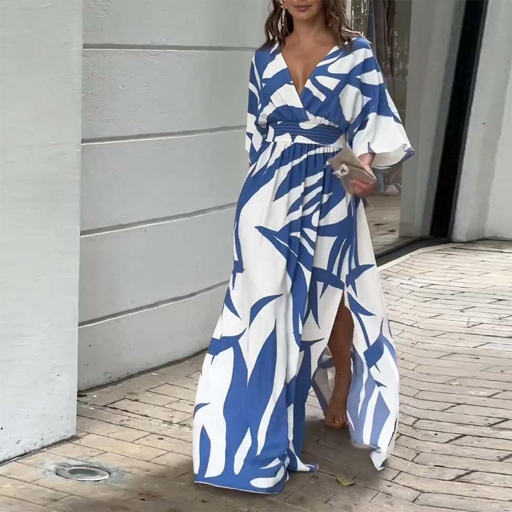 Printed V-Neck Split Side Maxi Dress