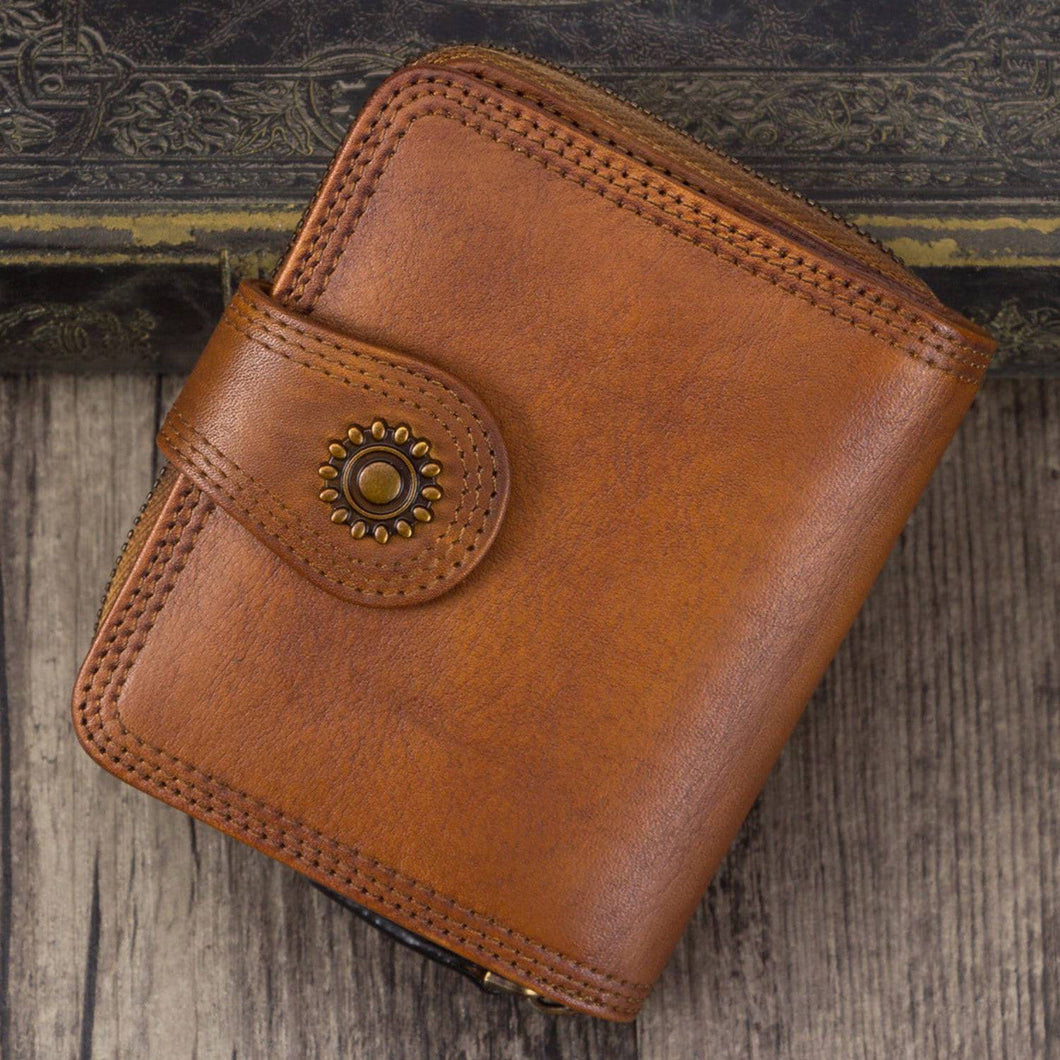 Retro Handmade Zipper Leather Short Wallets Purse for Women