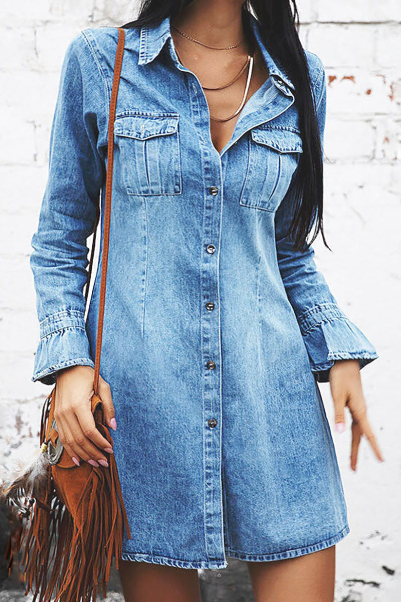 Collar Long Sleeve Buttons Down Min Denim Dress