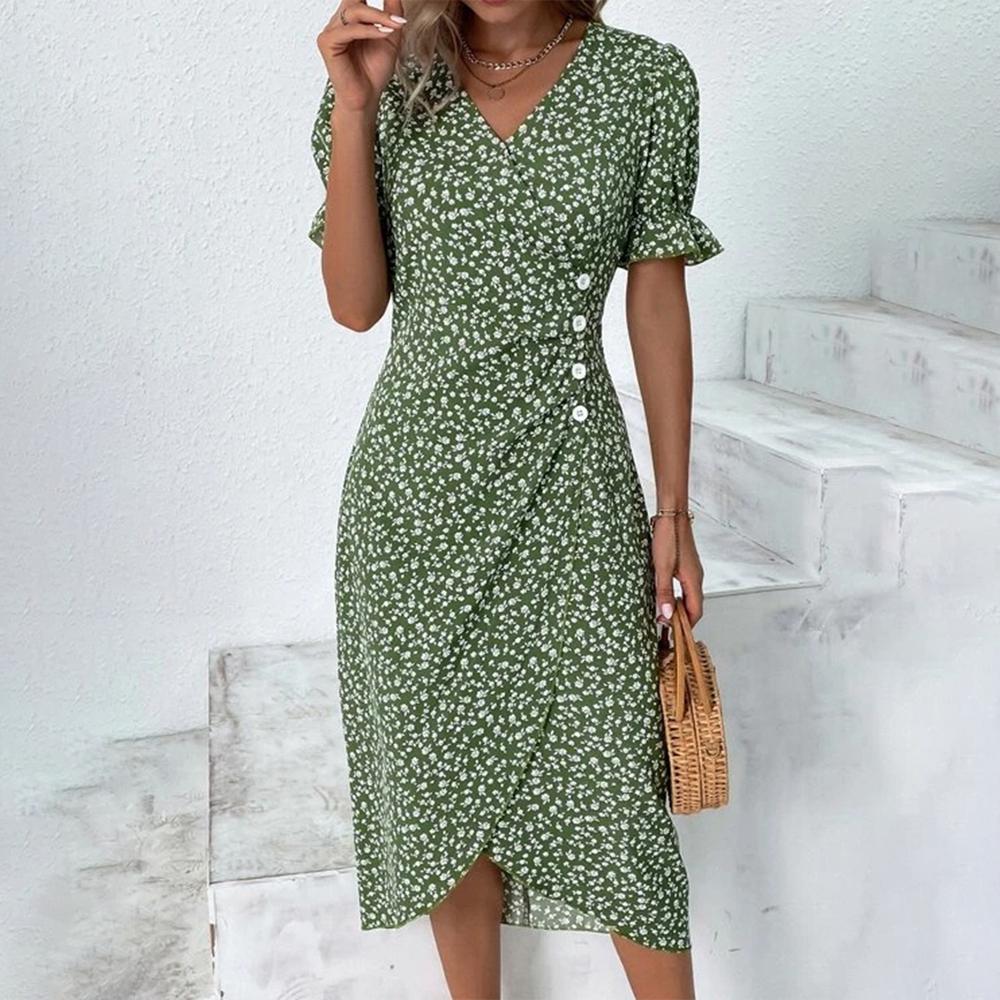 Green Floral Print Button Front Midi Dress