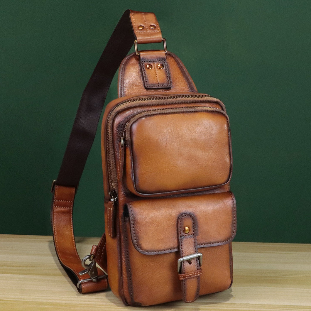 Leather Sling Bag Crossbody Chest Daypack Shoulder Backpack