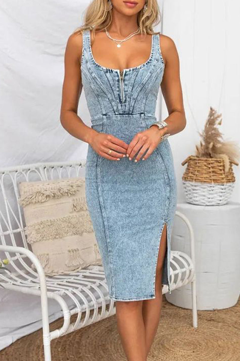 Sexy U Neck Slit Side Denim Midi Dress