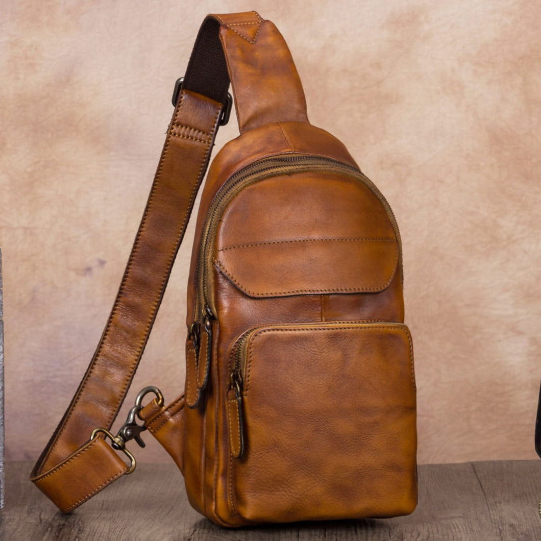 Leather Sling Bag Crossbody Purse Handmade Hiking Daypack Retro Shoulder Backpack Vintage Chest Bags
