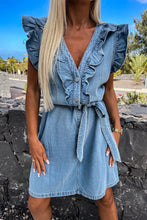 Load image into Gallery viewer, Ruffled V-neck Sleeveless Buttons Down Mini Denim Dress
