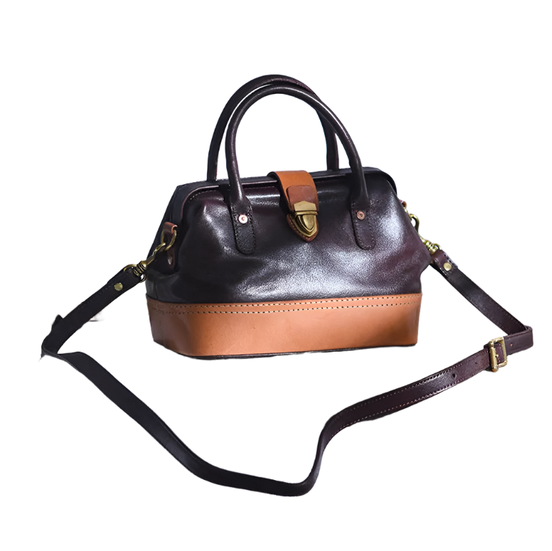 Women Leather Doctor Bag Color Block Weekend Daily Small Handbag Shoulder Bag