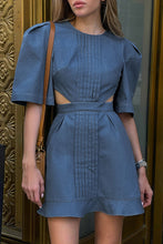 Load image into Gallery viewer, Vintage Puff Sleeves Cutout Pleated Body Ruffled Trim Denim Mini Dress
