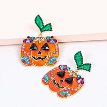 Load image into Gallery viewer, Halloween Creative Fashion New Alloy Inlaid Zircon Oil Drip Pumpkin Head Earrings
