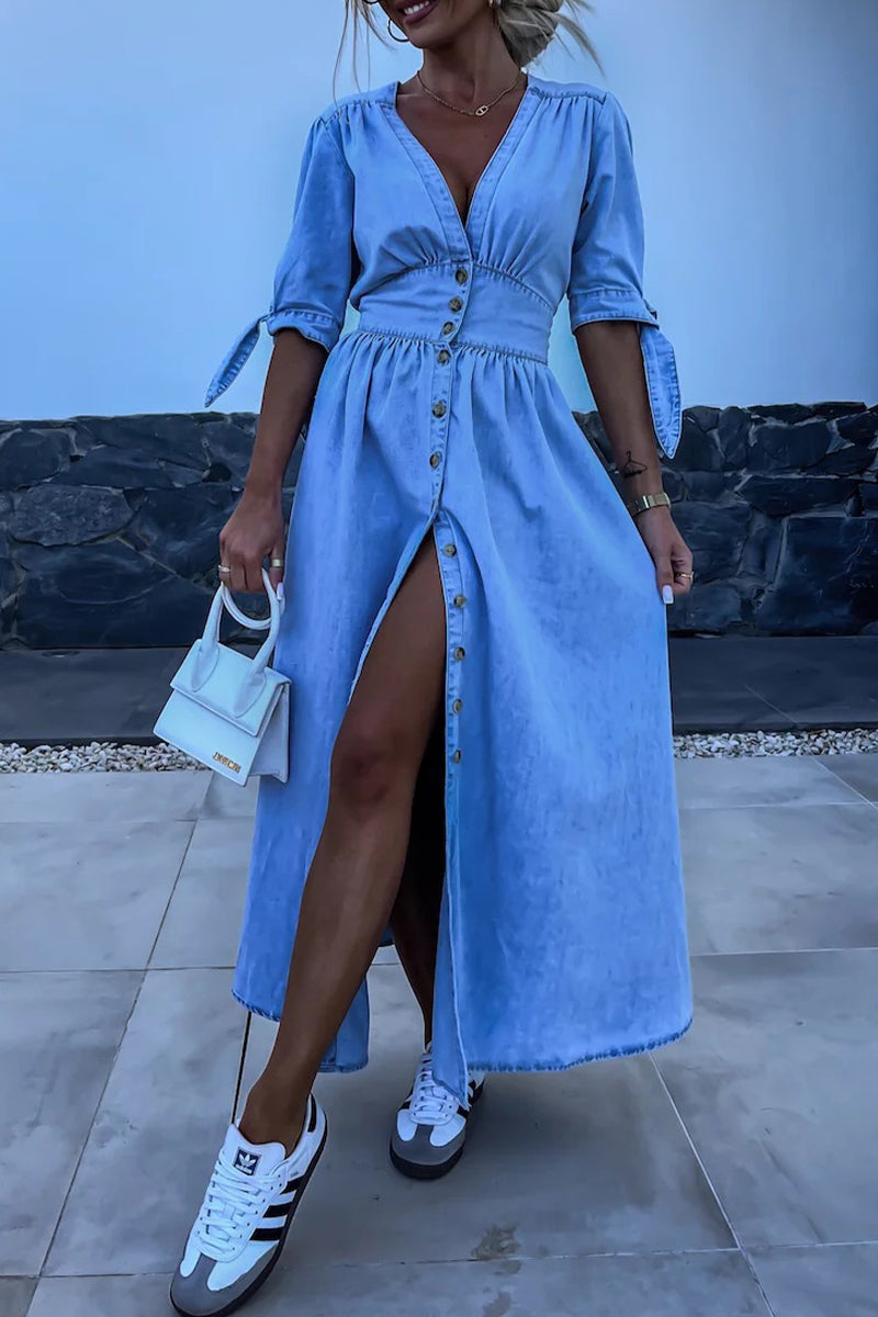 Elegant V-neck Buttons Down Denim Midi Dress