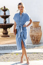 Load image into Gallery viewer, Buttons Down Tie- Front Ruched Sheath Midi Denim Dress
