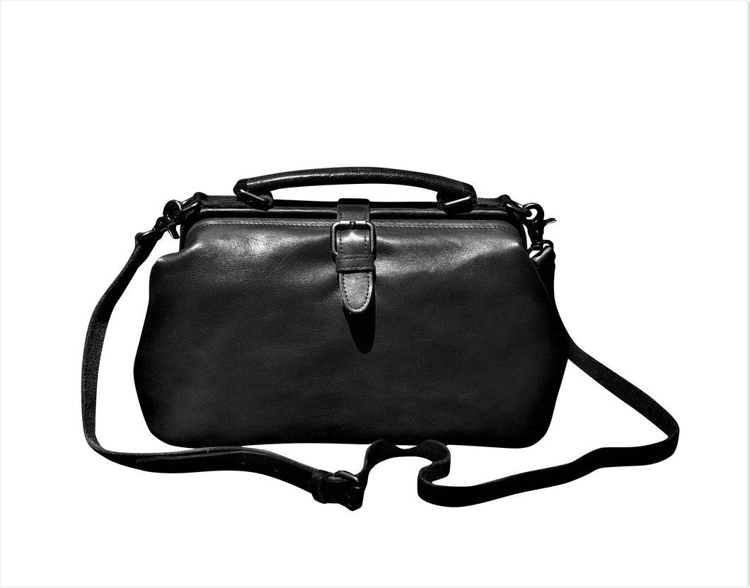 Black Doctor Bag Leather Handbag Crossbody Purse For Women