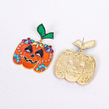 Load image into Gallery viewer, Halloween Creative Fashion New Alloy Inlaid Zircon Oil Drip Pumpkin Head Earrings
