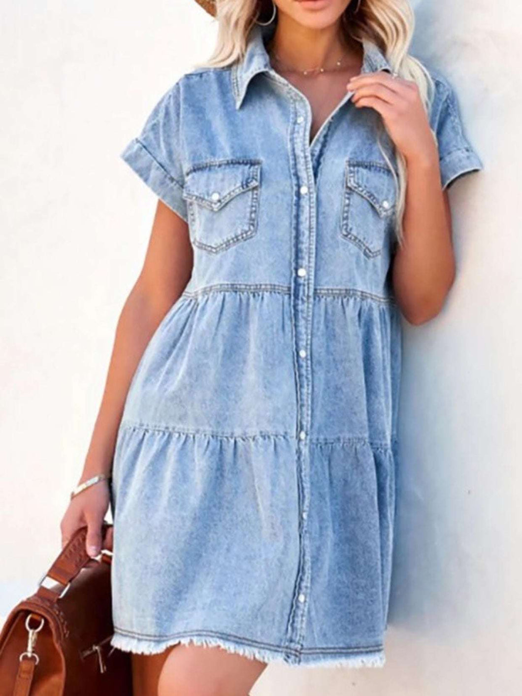 Short Sleeves Pockets Tiered Denim Mini Dress