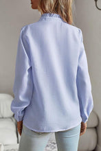 Load image into Gallery viewer, Blue Ruffled Neck Long Sleeve Print Shirt
