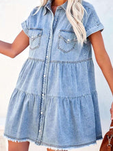 Load image into Gallery viewer, Short Sleeves Pockets Tiered Denim Mini Dress
