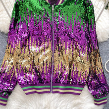 Load image into Gallery viewer, Mardi Gra Sequin Outfit Fat Tuesday Color Block Jacket
