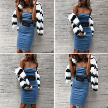 Load image into Gallery viewer, Blue Strapless Zipper Back Bodycon Denim Mini Dress
