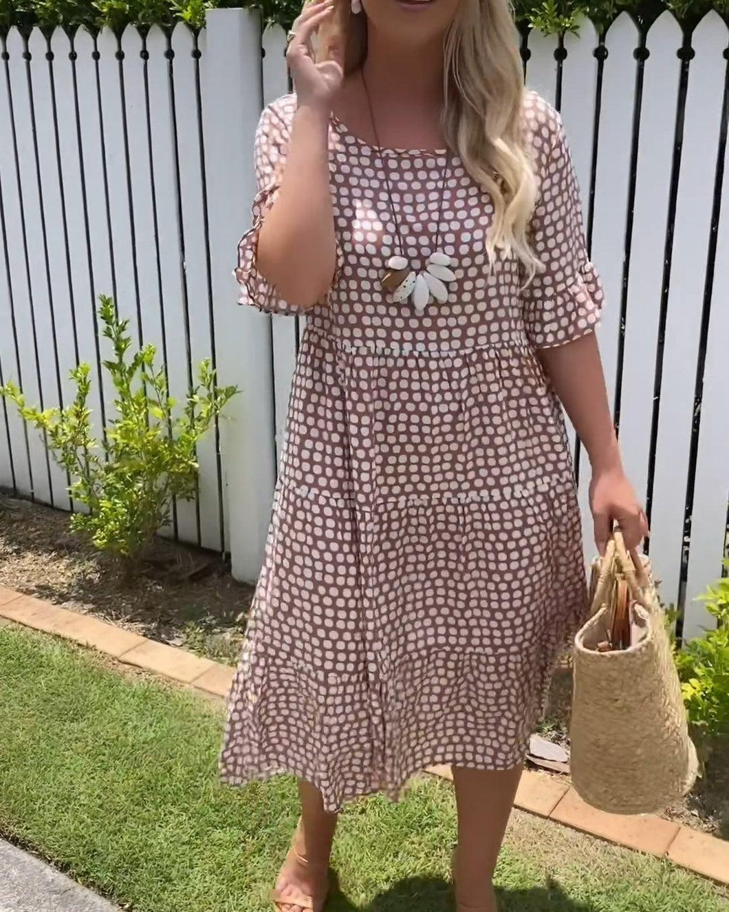 Round Neck Dots Print Tiered Midi Dress