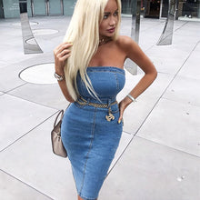 Load image into Gallery viewer, Blue Strapless Zipper Back Bodycon Denim Mini Dress
