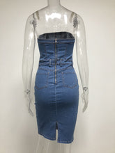 Load image into Gallery viewer, Blue Strapless Zipper Back Bodycon Denim Mini Dress
