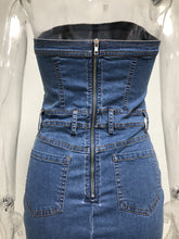 Load image into Gallery viewer, Blue Strapless Zipper Back Bodycon Denim Mini Dress
