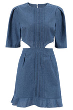 Load image into Gallery viewer, Vintage Puff Sleeves Cutout Pleated Body Ruffled Trim Denim Mini Dress
