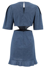 Load image into Gallery viewer, Vintage Puff Sleeves Cutout Pleated Body Ruffled Trim Denim Mini Dress
