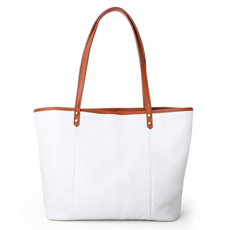 White Color Block Large Leather Tote