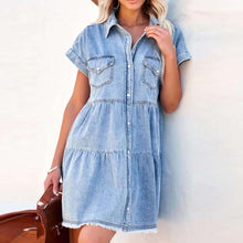 Load image into Gallery viewer, Short Sleeves Pockets Tiered Denim Mini Dress
