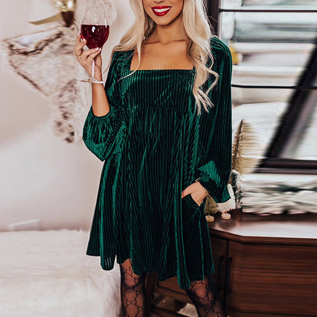 Green Tie Back Square Neck Velvet Babydoll Dress