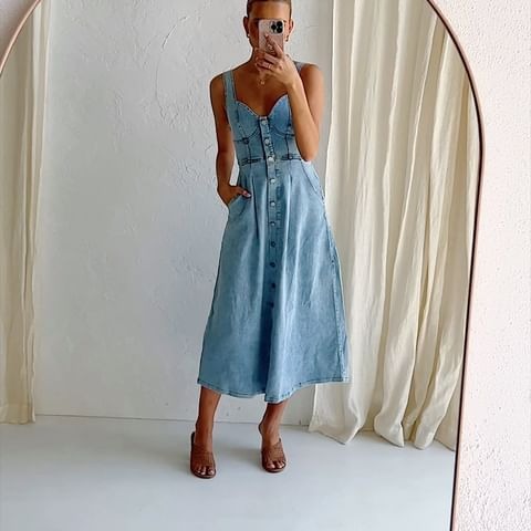 Sweetheart Neck Wide Strap Denim Midi Dress