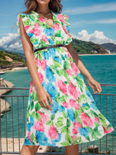 Load image into Gallery viewer, Ruffled Printed Surplice Cap Sleeve Dress
