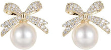 Load image into Gallery viewer, Pearl Bow Earrings Christmas Bow Earrings
