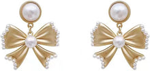 Load image into Gallery viewer, Pearl Bow Earrings Christmas Bow Earrings
