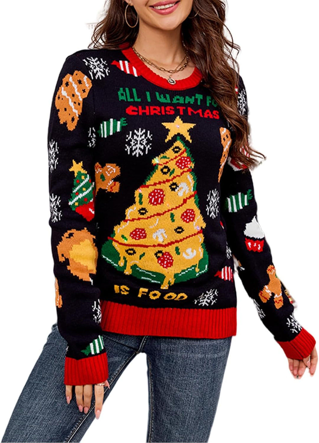 Casual Loose Long Sleeve Christmas Tree Jacquard Pullover Sweater