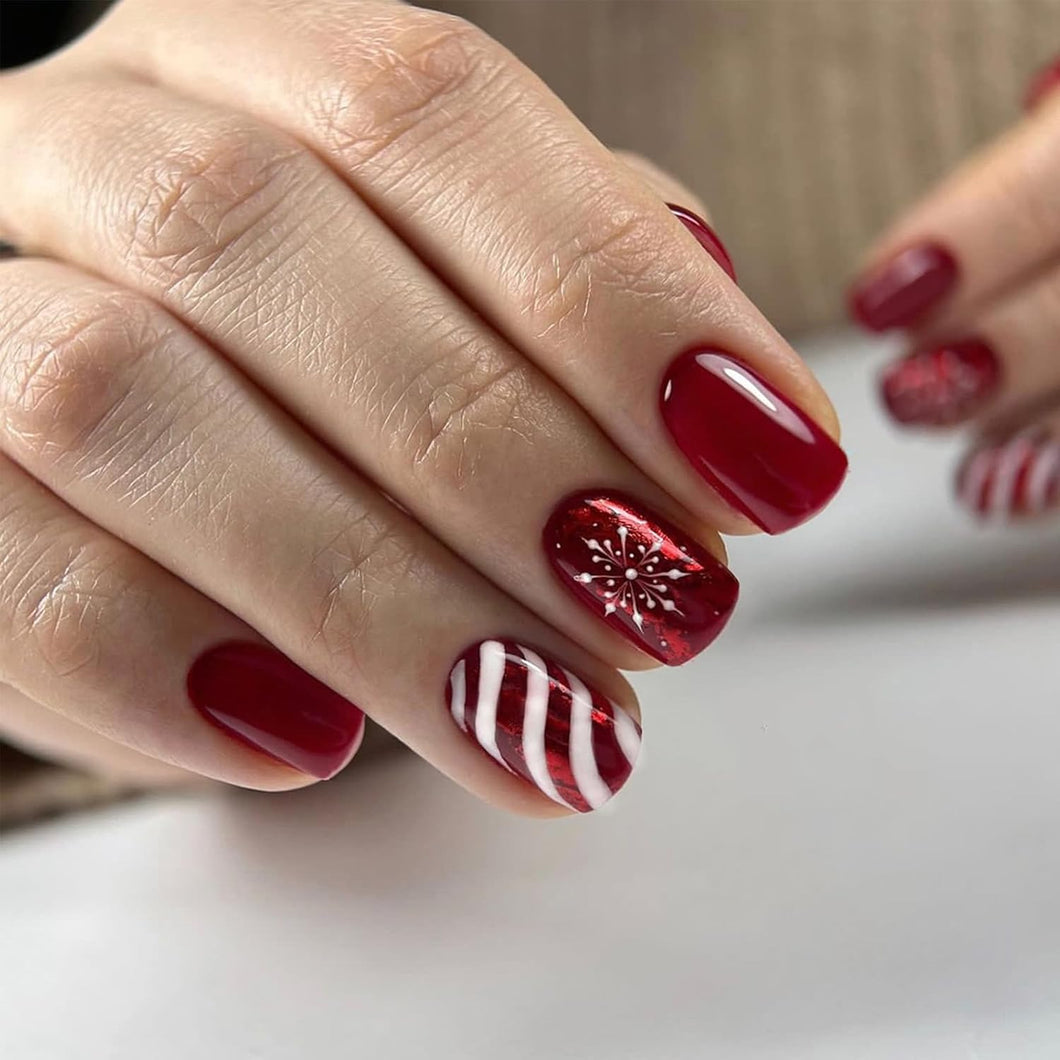 Christmas Snowflake Red Curve Line Candy Stripes 24Pcs False Nails