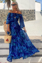 Load image into Gallery viewer, Off Shoulder Bell Sleeve Floral Flowy Vacation Maxi Dresses
