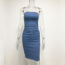 Load image into Gallery viewer, Blue Strapless Zipper Back Bodycon Denim Mini Dress
