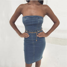 Load image into Gallery viewer, Blue Strapless Zipper Back Bodycon Denim Mini Dress
