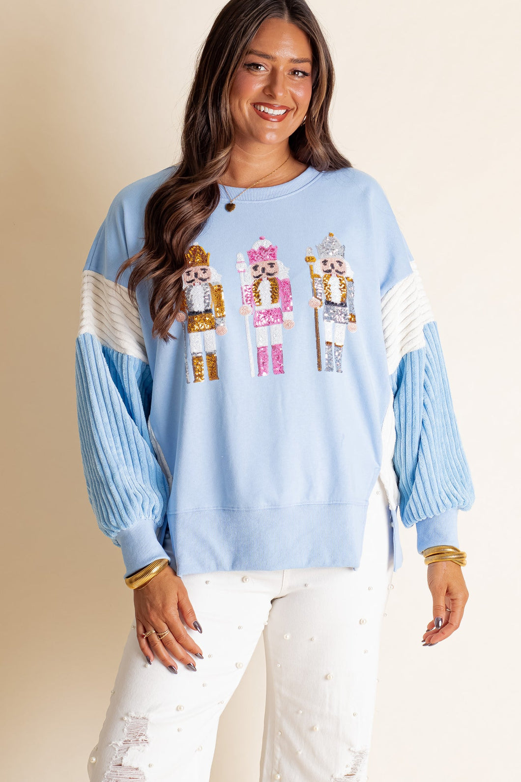 Funny Sequins Nutcracker Soldier Graphic Slit Crewneck Long Sleeve Christmas Sweatshirt