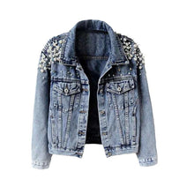 Load image into Gallery viewer, Embroidered Pearls Long Sleeve Short Denim Jacket Coat
